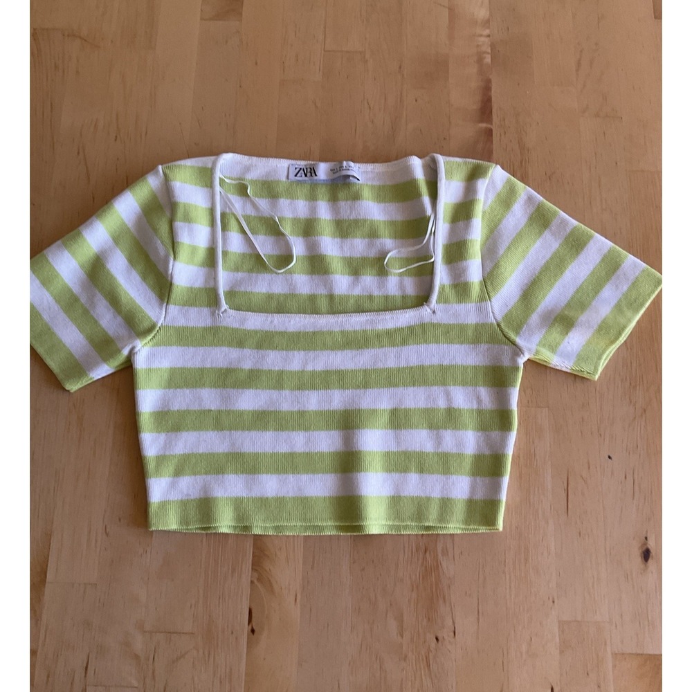 Zara Green White Striped Knitted Cropped Top Short Sleeve Women's Sz Small‎
